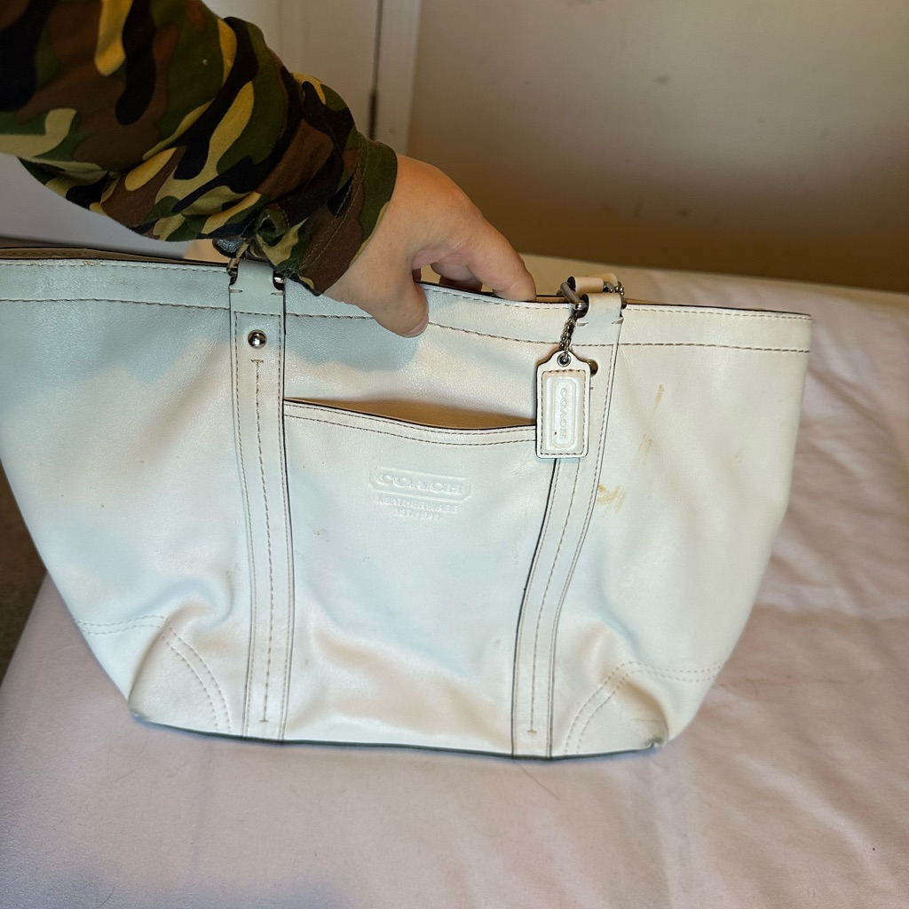 Coach Cream Leather Tote With Signature Tag Charm